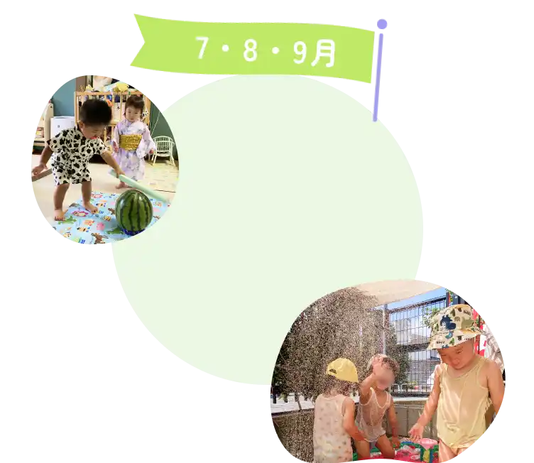 夏のイベント（じゃがいも掘り、プール・水遊び、スイカ割り、夏祭り）の様子